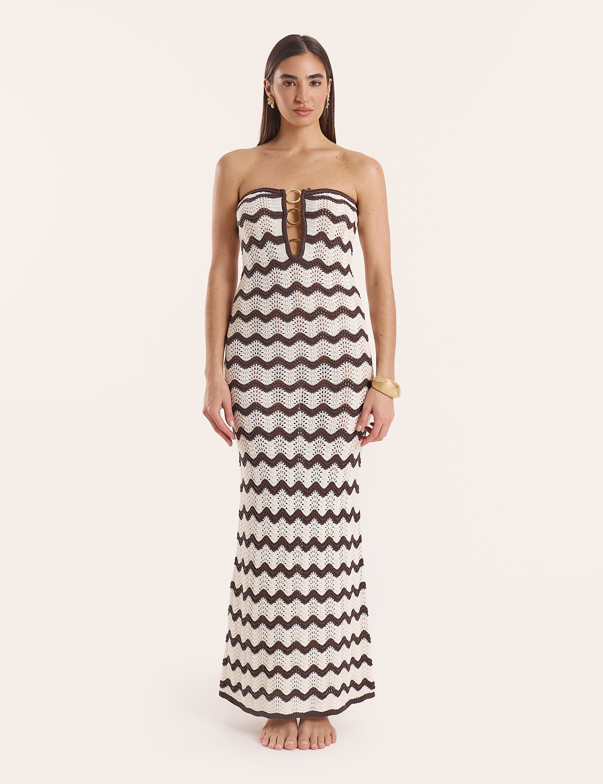 Chocolate And Cream Chevron Print Knitted Bandeau Maxi Dress